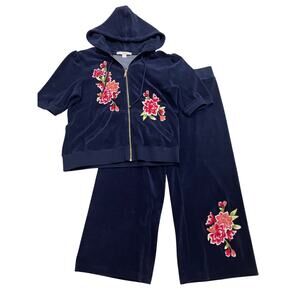 Boston Proper Embroidered Plush Terry Lounge Set | Floral Hoodie Pants Y2K NWOT